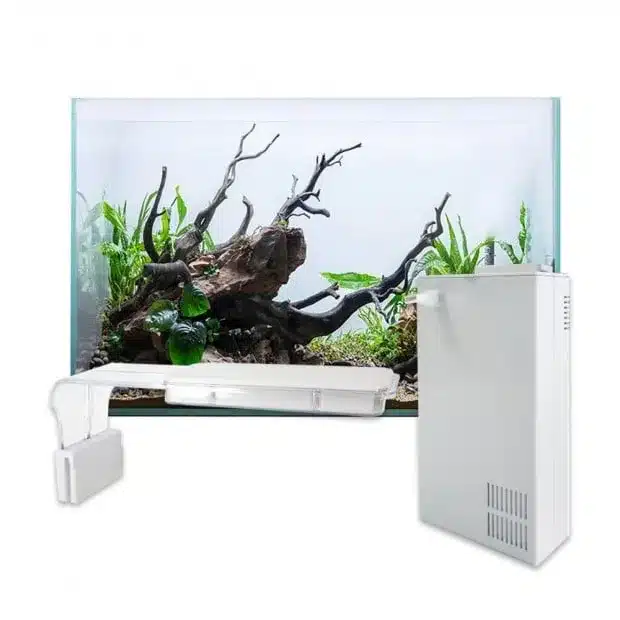 40cm custom size frameless fish tank with driftwood aquascape, showing a white sleek internal filter and a transparent-arm LED aquarium light on a pure white background.