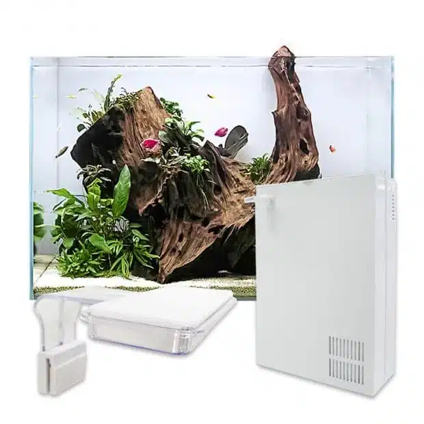 60cm rimless aquarium (75L) featuring a large driftwood aquascape with red fish, a prominent white vertical internal filter box, and a white LED clip-on lamp, isolated on a white background.
